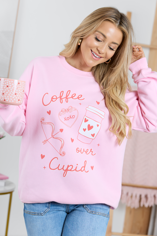 Coffee Over Cupid Light Pink Graphic Sweatshirt