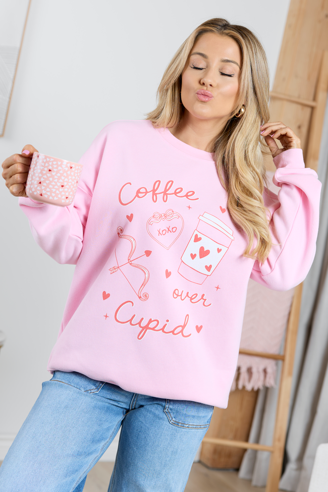 Coffee Over Cupid Light Pink Graphic Sweatshirt