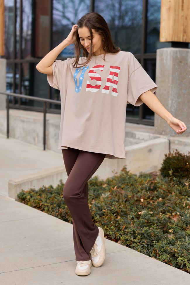 USA Taupe Oversized Graphic Tee