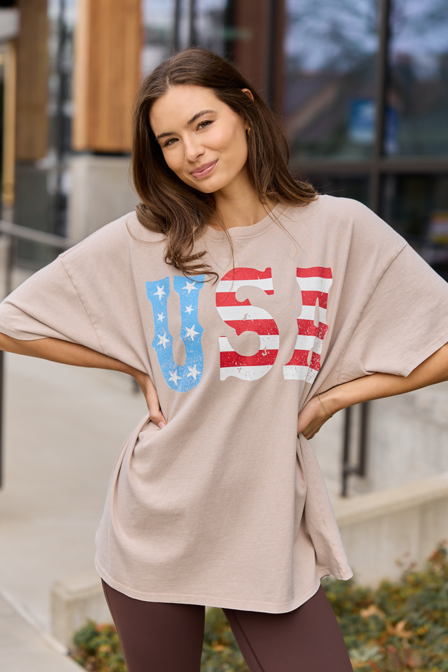 USA Taupe Oversized Graphic Tee