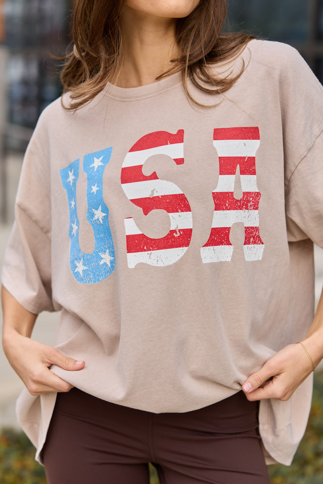 USA Taupe Oversized Graphic Tee