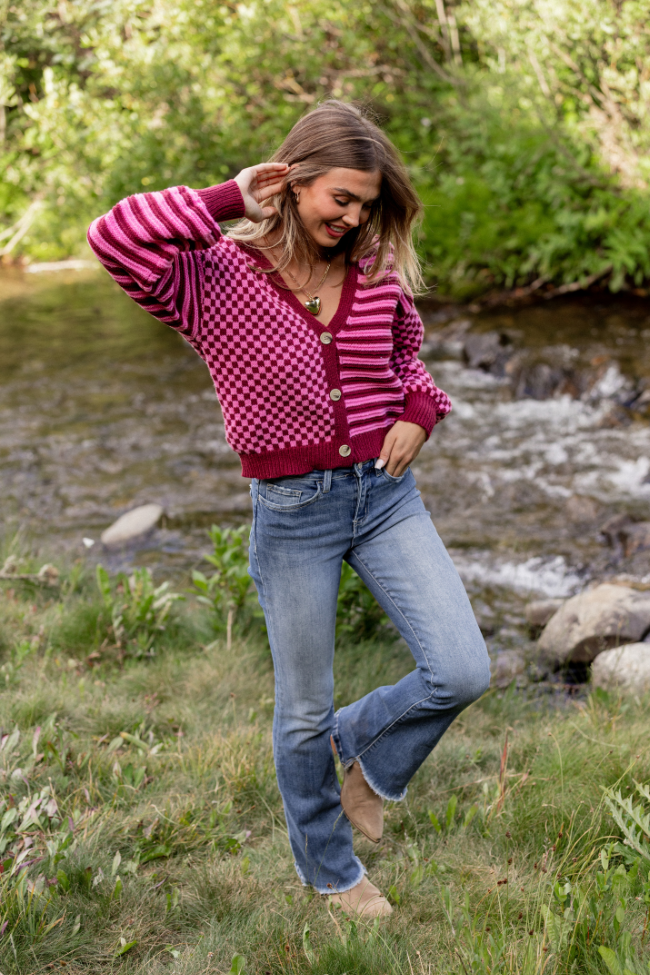 Samara Checkered and Stripes Pink and Burgundy Cardigan