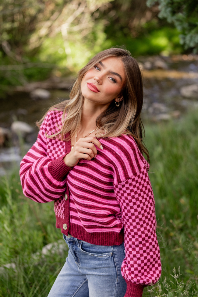 Samara Checkered and Stripes Pink and Burgundy Cardigan