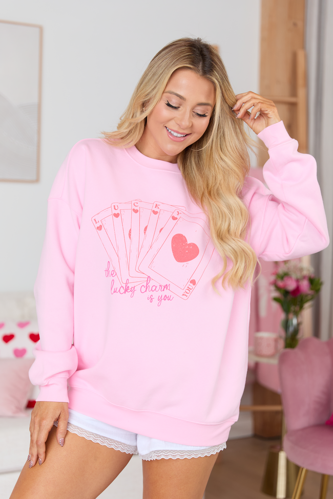 Lucky In Love Cards Light Pink Graphic Sweatshirt