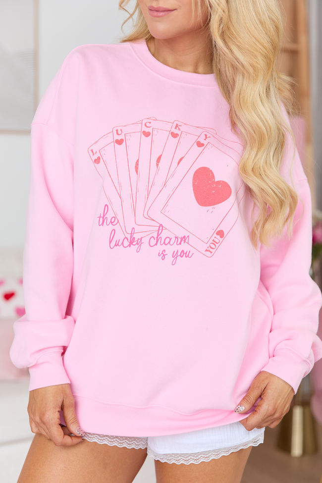 Lucky In Love Cards Light Pink Graphic Sweatshirt