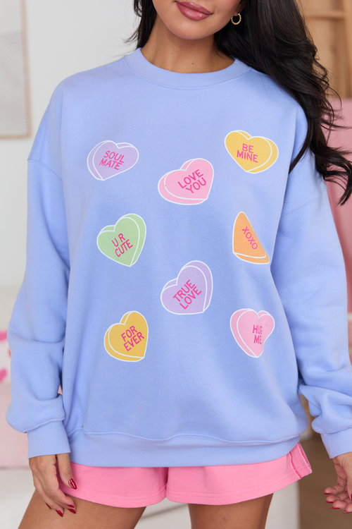 Candy Hearts Periwinkle Graphic Sweatshirt