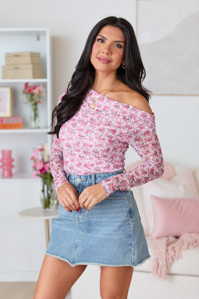 Mallory Pink Floral Off Shoulder Long Sleeve Top