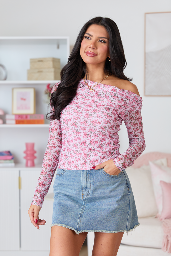 Mallory Pink Floral Off Shoulder Long Sleeve Top