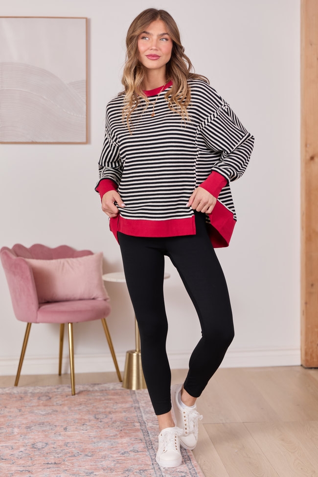 Kara Black And White Stripe Waffle Pullover