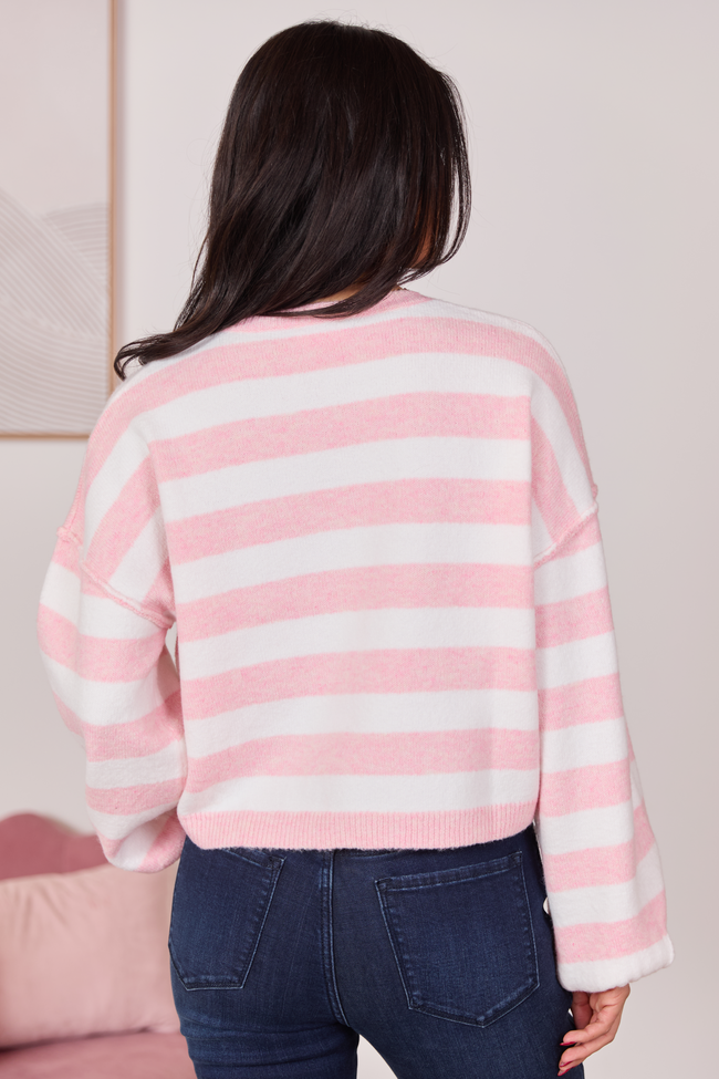 Gillian Pink And Ivory Striped Henley Knit Sweater
