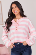 Gillian Pink And Ivory Striped Henley Knit Sweater