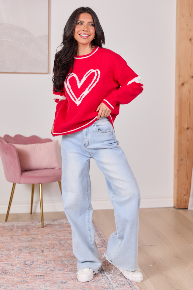 Brynn Red And Ivory Heart Varsity Crewneck Sweater