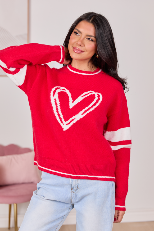 Brynn Red And Ivory Heart Varsity Crewneck Sweater