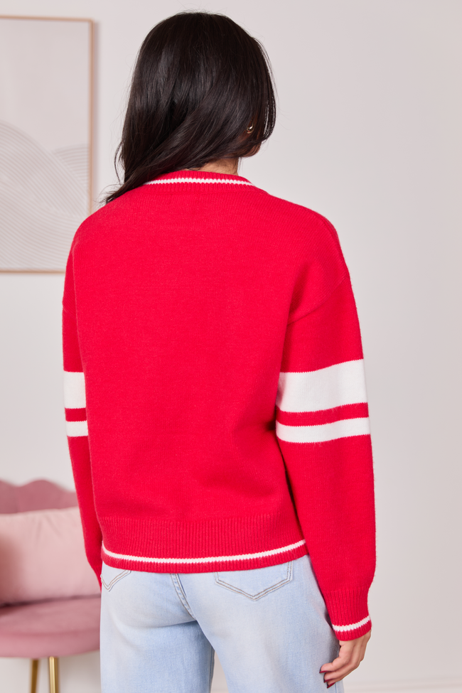Brynn Red And Ivory Heart Varsity Crewneck Sweater