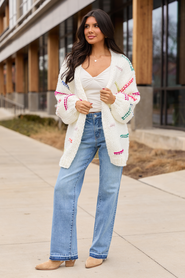 Janet Ivory And Multicolor Chunky Knit Open Cardigan
