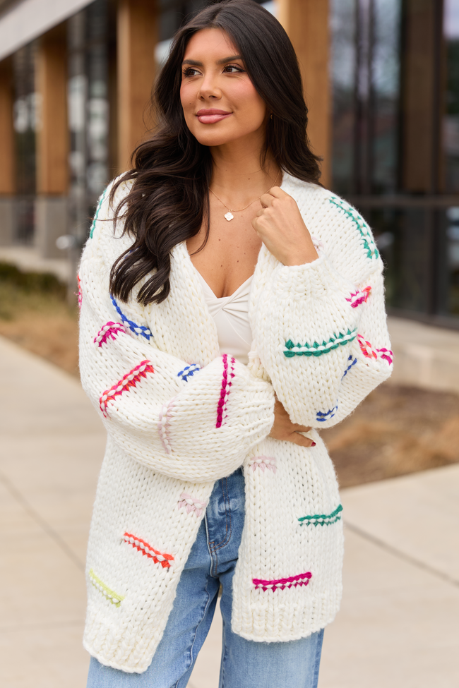 Janet Ivory And Multicolor Chunky Knit Open Cardigan