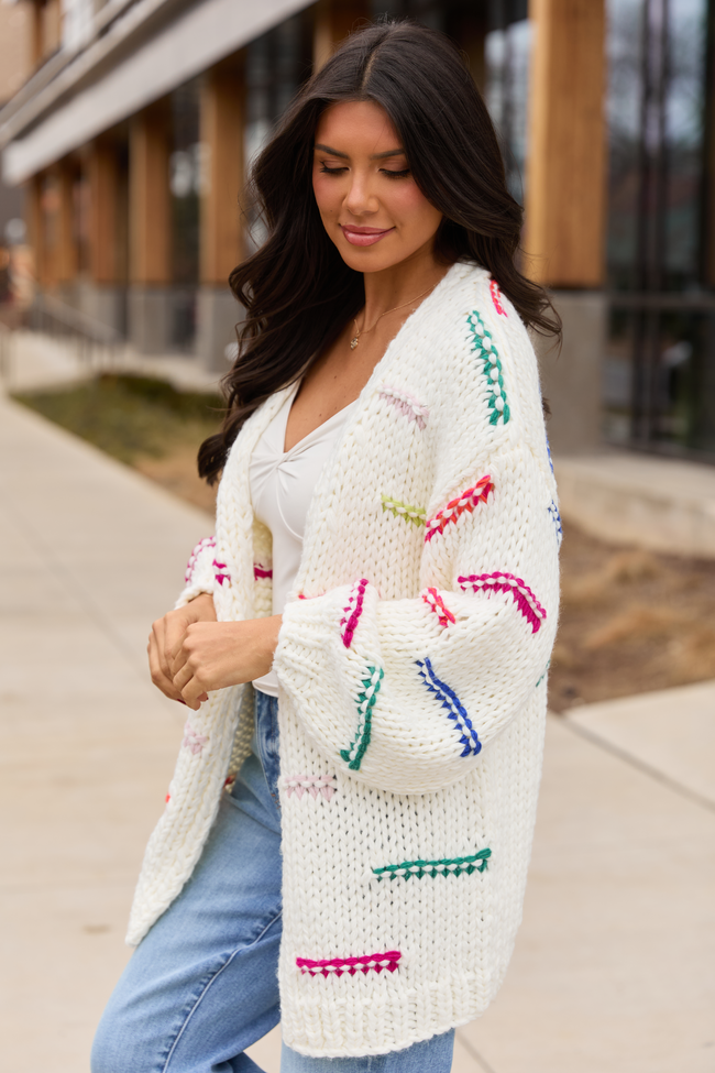 Janet Ivory And Multicolor Chunky Knit Open Cardigan