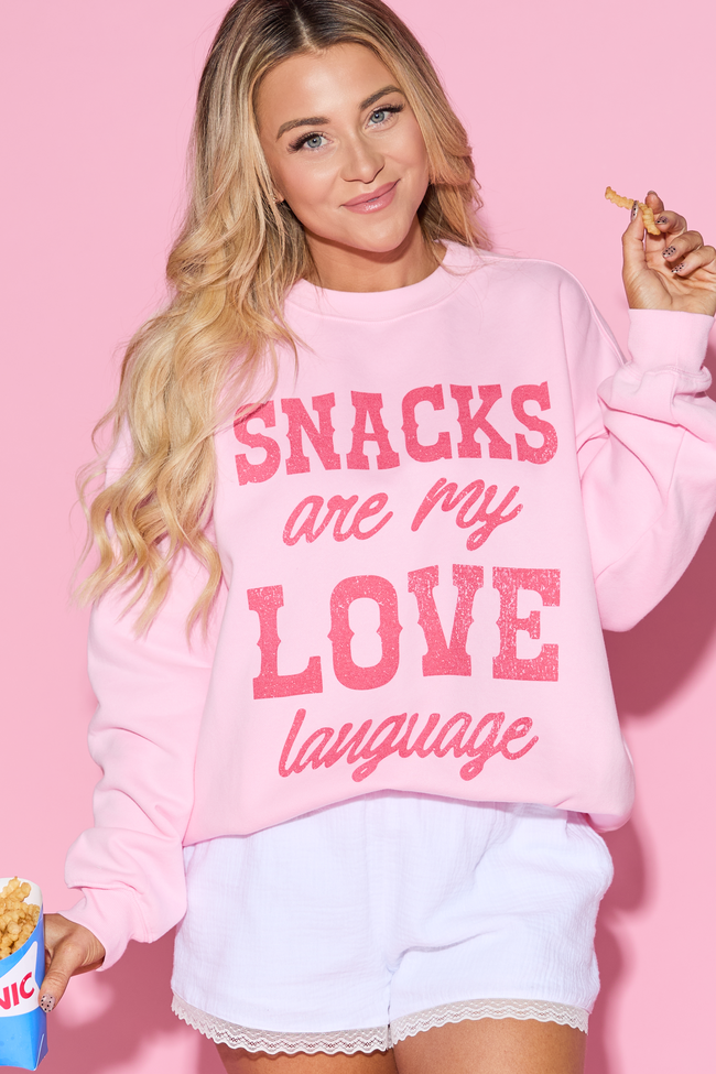 Snacks Are My Love Language Light Pink Graphic Sweatshirt